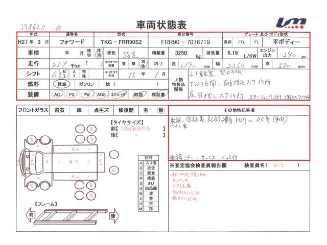 フォワード 　平ボディ・６ＭＴ・積載３．２５０ｋｇ・小平産業製・アルミブロック３方開・ベッド付・電格ミラー・キーレス・距離４５９．０００ｋｍ（20枚目）