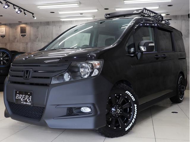 ステップワゴンスパーダ Z ブレラOGカスタム 新品社外AW&新品マッドテレーンタイヤ 新品ルーフラック インナーブラックヘッドライト テールブラックアウト マットブラック仕上げ 両側電動スラドアHDDナビBカメラ スマートキー(3枚目)