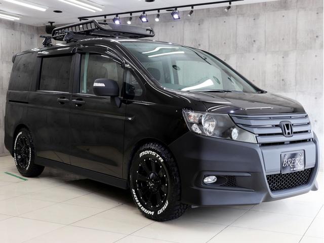 ステップワゴンスパーダ Z ブレラOGカスタム 新品社外AW&新品マッドテレーンタイヤ 新品ルーフラック インナーブラックヘッドライト テールブラックアウト マットブラック仕上げ 両側電動スラドアHDDナビBカメラ スマートキー(45枚目)