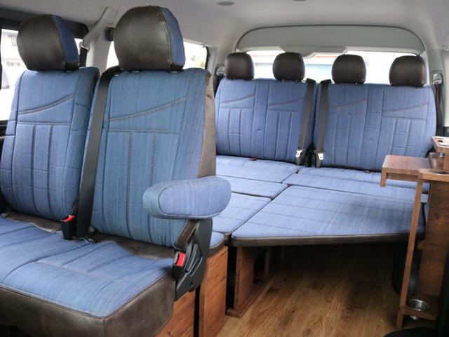 GL ロング FLEXシートアレンジVer1.5デニムカスタム フルフラットベッドキット車中泊対応 テーブルモード 3列目シート跳ね上げ収納可能 床張りフローリング施工 デニム&ウッド調 全席デニムシートカバー(62枚目)