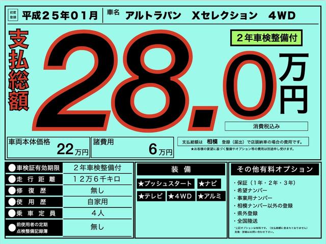 アルトラパン Xセレクション 4WD 車検整備付 ナビ テレビ プッシュスタート アルミ(2枚目)