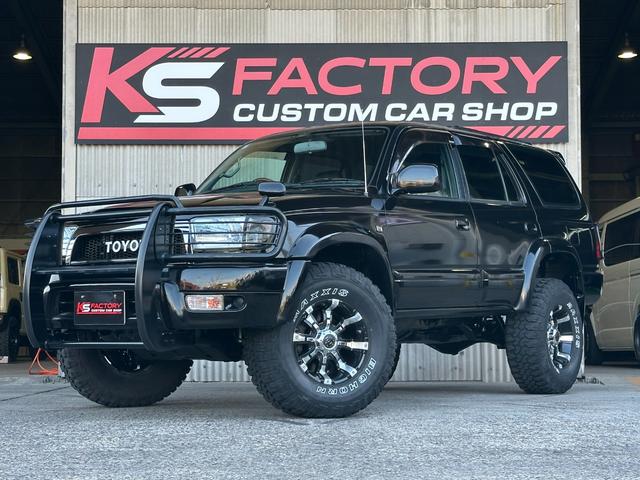 ハイラックスサーフ ＳＳＲ－Ｘ　Ｖセレクション　１８５サーフ　ブラック全塗装済み　クリスタルヘッドライト　ＴＯＹＯＴＡ文字メッシュグリル　グリルガード　ＭＧ　Ｂｅａｓｔホイール　マキシスタイヤ　ガナドールマフラー　新品ブラック＆千鳥柄シートカバー（2枚目）