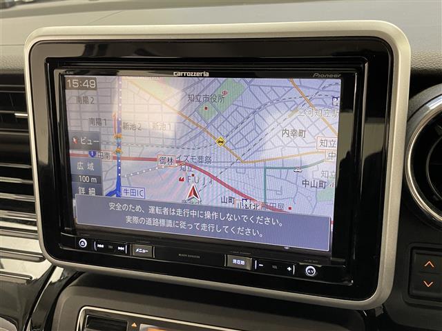 スペーシアカスタム ハイブリッドXS 社外8型ナビ 全方位カメラ シートヒーター 禁煙車 フルセグTV DVD ドラレコ ETC ハーフレザー 両側パワスラ 衝突軽減 車線逸脱 パーキングセンサー LEDオートライト フォグ 純正マット(3枚目)