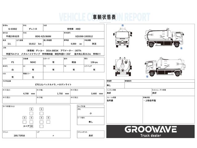 デュトロ 照明車　４ＷＤ　走行１０千ｋｍ　発電機　デンヨー　照度７５ルクス　メタルハイドランプ　照明機伸縮　旋回角度０〜３５０°　地上高１０．２ｍ　照明６つ（2枚目）
