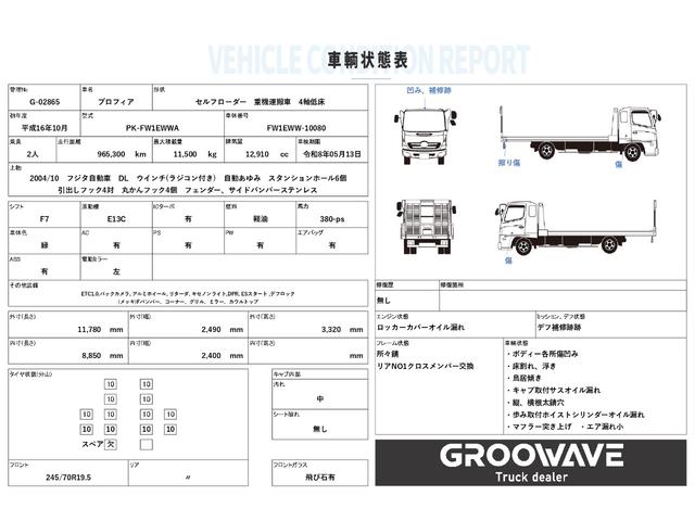 プロフィア セルフローダー　重機運搬車　４軸低床　フジタボデー　ウインチ　自動あゆみ　８，８５０×２，４００　積載１１．５ｔ　Ｆ７　７速　マニュアル　車検付　アルミホイール　スタンションホール６個　引出しフック４対　丸かんフック４個（2枚目）