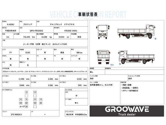 プロフィア アルミブロック　エアサス　９，６００×２，３６０×８００　積載１４．２ｔ　Ｆ７　７速　マニュアル　リターダ　丸かんフック１５対　アルミアオリ　アルミＢ　アルミ平　大型平　平ボディー　平ボデー　１０ｔ超（2枚目）