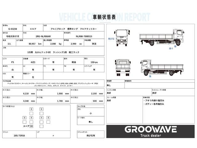 エルフトラック アルミブロック　標準ロング　４，３４０×１，７８０　３方開　丸かんフック４対　ラッシング１段　積載２ｔ　Ｆ５　５速　マニュアル　アルミアオリ　アルミ平　アルミＢ　平ボディー　平ボデー　２ｔ平　メッキパーツ（2枚目）