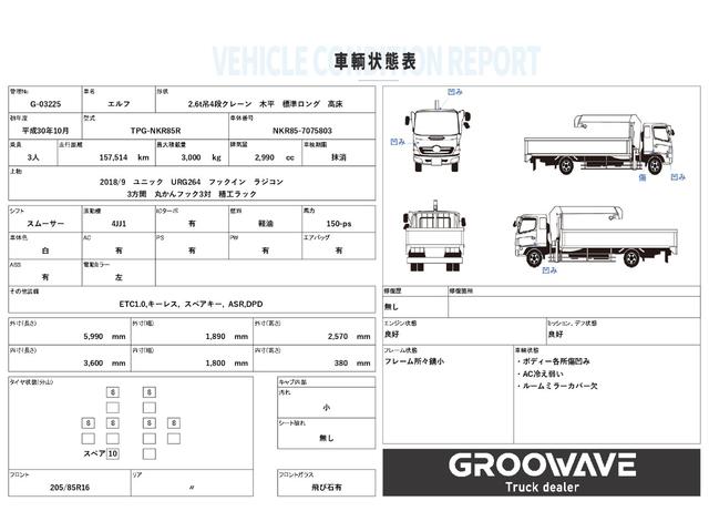 エルフトラック ２．６ｔ吊４段クレーン　標準ロング　古河ユニック　ＵＲＧ２６４　ラジコン　フックイン　３，６００×１，８００　積載３ｔ　シフト：スムーサー　２ペダル　セミオートマ　４段ブーム　吊ｔ数２．６ｔ吊　送信機　ＵＮＩＣ（2枚目）