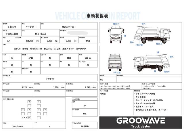 キャンター 巻込みパッカー　新明和　ＧＲ０５２－１４３４　５．１立米　連続スイッチ　汚水タンク　積載２ｔ　Ｉ５　５速　マニュアル　塵芥車　パッカー車　ゴミ収集車　巻き込み式　ドラレコ（2枚目）