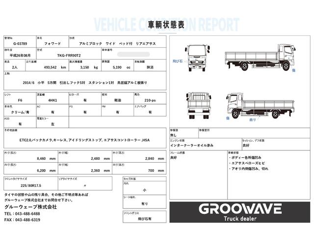 フォワード アルミブロック　ワイド　ベッド付　エアサス　小平　６，２００×２，３６０　５方開　引出しフック５対　スタンション１対　鳥居縞アルミ板張り　積載３．１５ｔ　Ｆ６　６速　マニュアル　平ボディー　アルミ平　アルミアオリ　４ｔ平　ＥＴＣ２．０（2枚目）