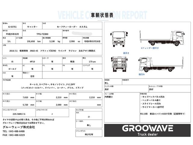 キャンター セーフティーローダー　カスタム　フラトップゼロ　新品エンジンＡＳＳＹ交換（記録簿有り）　極東開発　ＪＮ０２－４５　　ウインチ　ラジコン　左右アオリ開閉式　荷台長５，７２０ｍｍ　車検付　積載３．１ｔ　Ｉ５　５速　マニュアル　車載車　セフティーローダー（2枚目）