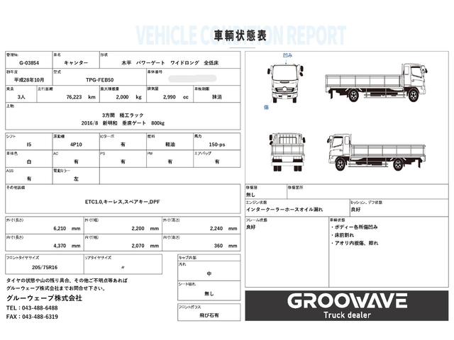 キャンター 木平　ワイドロング　垂直ゲート　走行７６千ｋｍ　積載２ｔ　Ｉ５　５速　マニュアル　新明和　パワーゲート　ゲート付き　平ボディー　平ボデー　２ｔ平　ＥＴＣ１．０（2枚目）