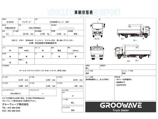 フォワード 2.9t吊4段クレーン 木平 タダノ ZE364HR フックイン ラジコン 差し違いアウトリガー 5,600×2,160 走行25千km 積載2.75t F6 6速 マニュアル 吊t数2.9t吊 4段ブーム 古河ユニック UNIC(2枚目)