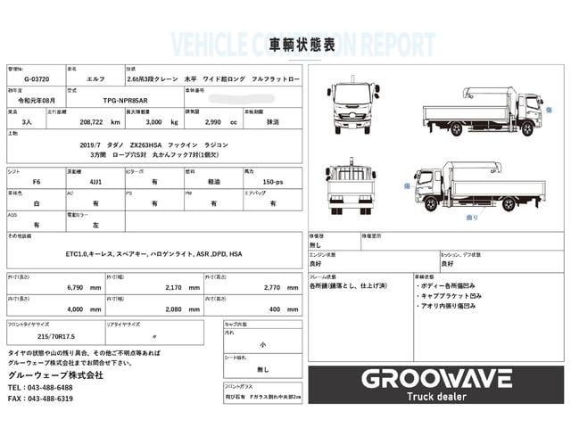 エルフトラック ２．６ｔ吊３段クレーン　アルミブロック　ワイド超ロング　タダノ　ＺＸ２６３ＨＳＡ　フックイン　ラジコン　４，０００×２，０８０　積載３ｔ　Ｆ６　６速　マニュアル　小型クレーン　古河ユニック　ＵＮＩＣ　送信機　アルミアオリ　アルミ平　ＥＴＣ１．０（2枚目）