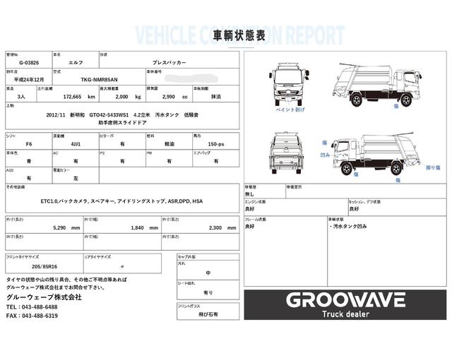 エルフトラック プレスパッカー 新明和 GTO42-5433WS1 4.2立米 汚水タンク 低騒音 助手席側スライドドア 積載2t F6 6速 マニュアル 塵芥車 プレス式 ゴミ収集車 2tパッカー ETC1.0 バックカメラ(2枚目)