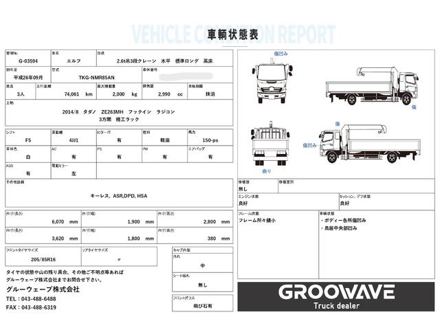 エルフトラック ２．６ｔ吊３段クレーン　木平　標準ロング　タダノ　ＺＥ２６３ＭＨ　フックイン　ラジコン　３，６２０×１，８００　走行７４千ｋｍ　積載２ｔ　Ｆ５　５速　マニュアル　吊ｔ数２．６ｔ吊　３段ブーム　送信機　古河ユニック　２ｔクレーン（2枚目）