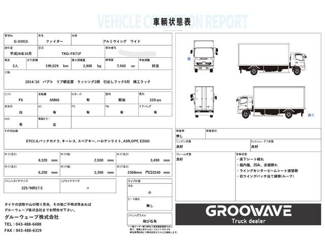 ファイター アルミウイング　ワイド　パブコ　リア観音扉　ラッシング２段　引出しフック５対　６，２５０×２，３９０×２，３６０　積載２．８ｔ　Ｆ６　６速　マニュアル　４ｔウイング　４トンウイング　ＥＴＣ１．０　バックカメラ　キーレス（2枚目）