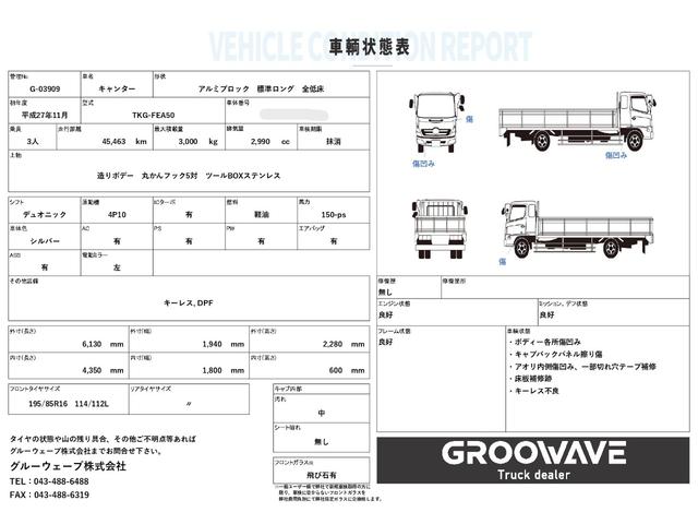 キャンター アルミブロック 標準ロング 新潟丸山車体 造りボデー 丸かんフック5対 4,350×1,800 走行45千km 積載3t シフト:デュオニック 2ペダル セミオートマ アルミアオリ 平ボディー アルミ平(3枚目)