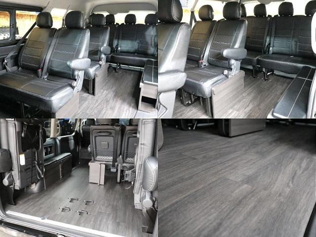 ハイエースワゴン GL ロング 新車8型 メカレスBIG-X11インチナビ 大型12.8フリップダウン 床張りフローリングフロア 全席黒革調シートカバー 1.5インチローダウン 新作Delf06 17インチAW ナスカータイヤ(5枚目)