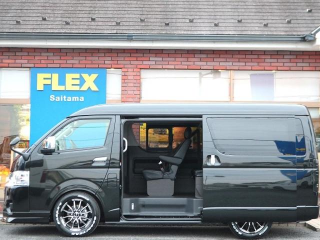 ハイエースワゴン GL ロング 新車8型 メカレスBIG-X11インチナビ 大型12.8フリップダウン 床張りフローリングフロア 全席黒革調シートカバー 1.5インチローダウン 新作Delf06 17インチAW ナスカータイヤ(13枚目)