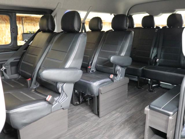 ハイエースワゴン GL ロング 新車8型 メカレスBIG-X11インチナビ 大型12.8フリップダウン 床張りフローリングフロア 全席黒革調シートカバー 1.5インチローダウン 新作Delf06 17インチAW ナスカータイヤ(67枚目)