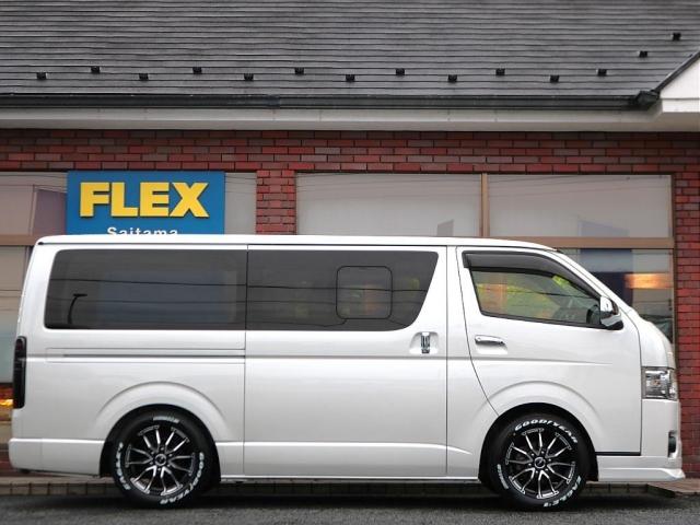 ハイエースバン スーパーGL ダークプライムII ロングボディ ワンオーナー FLEXオリジナル内装Ver4 家具付ベットキット 床張りフローリングフロア フルセグナビ ナビ連動ドラレコ コーナーセンサー 新品Delf06AW ナスカー 1.5インチローダウン(14枚目)