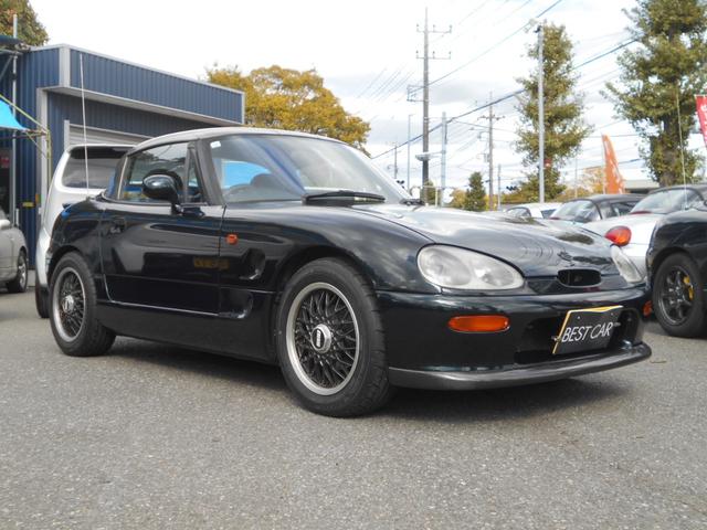 カプチーノ ベースグレード　ツインカムターボ　５速　４ＷＡＹオープンカー　ローダウン　ＢＢＳ１４インチＡＷ　フジツボマフラー　フロントスポイラー　リアウイング　ＬＥＤライト　フロントタワーバー　ＣＤ　ＵＳＢオーディオ　ＥＴＣ（2枚目）