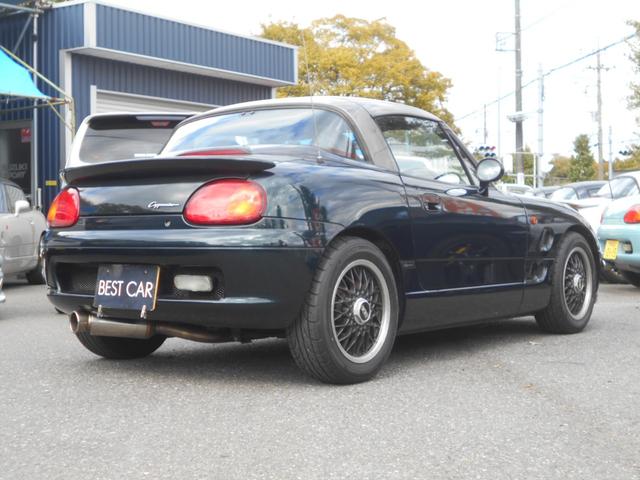 カプチーノ ベースグレード　ツインカムターボ　５速　４ＷＡＹオープンカー　ローダウン　ＢＢＳ１４インチＡＷ　フジツボマフラー　フロントスポイラー　リアウイング　ＬＥＤライト　フロントタワーバー　ＣＤ　ＵＳＢオーディオ　ＥＴＣ（3枚目）