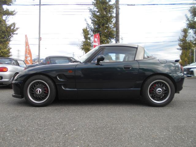 カプチーノ ベースグレード　ツインカムターボ　５速　４ＷＡＹオープンカー　ローダウン　ＢＢＳ１４インチＡＷ　フジツボマフラー　フロントスポイラー　リアウイング　ＬＥＤライト　フロントタワーバー　ＣＤ　ＵＳＢオーディオ　ＥＴＣ（5枚目）