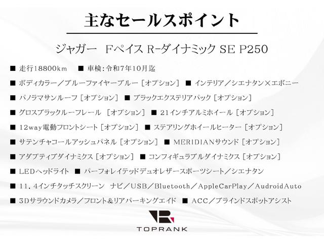 Ｆペイス Ｒ－ダイナミック　ＳＥ　Ｐ２５０　ブラックパック　パノラマＳＲ　シエナタンレザー　シートヒーター　ＭＥＲＩＤＩＡＮ　チャコールアッシュトリム　アダプティブダイナミクス　ＯＰ２１ＡＷ　ナビ　３Ｄサラウンドカメラ　ＡＣＣ　レーンキープ（5枚目）