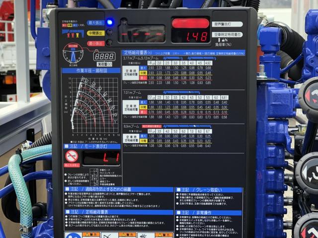 キャンター 　４段クレーン付平ボディ　３．８トン積載　タダノ　警報仕様　ラジコン付　３．７ｍボディ　ワイド　ロング　全低床　パブコ製　木製あおり３方開（29枚目）