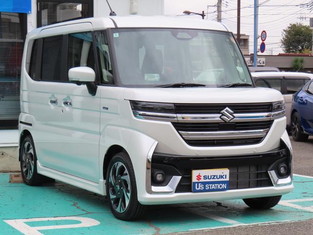 スペーシアカスタム カスタム　ＨＹＢＲＩＤ　ＸＳターボ　雹害車の為現車確認必須　ナビ　全方位カメラ　デモカー使用車　スズキコネクト対応車　アダプティブクルーズコントロール　衝突被害軽減ブレーキサポートシステム　デュアルセンサーブレーキサポート２　低速時ブレーキサポート（49枚目）
