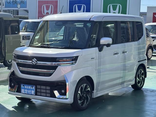 スペーシアカスタム ハイブリッドXSターボ スマートキー LEDヘッドライト 両側パワースライドドア フルオートエアコン シートヒーター ロールサンシェード シートバックテーブル サーキュレーター ヘッドアップディスプレイ 届出済未使用車(4枚目)