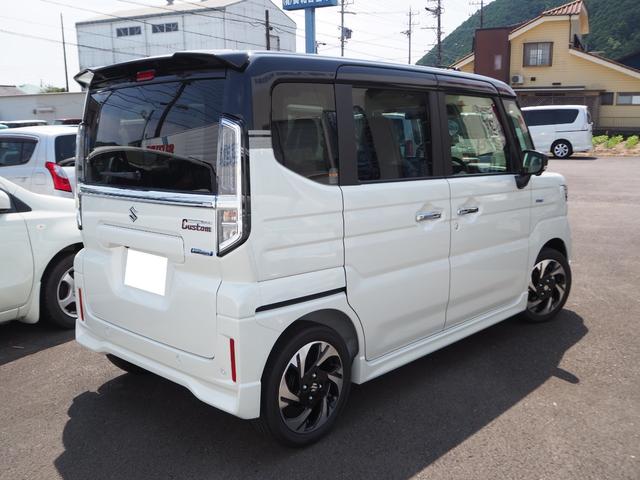 スペーシアカスタム ハイブリッドXSターボ 届出済未使用車 純正9インチ全方位ナビ スズキコネクト対応 デュアルセンサーブレーキサポートII 電動パーキングブレーキ 両側パワースライドドア ステアリングヒーター パドルシフト 誤発進抑制機能(5枚目)