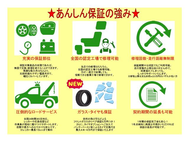 今まで有償だったグレードアップ保証を全車標準付帯♪保証部位は当店厳選１００部位★保証期間１年★走行距離無制限★タイヤ保証プランや上位保証オプションも有り♪詳細はお気軽にお尋ね下さい！※一部加入不可車有