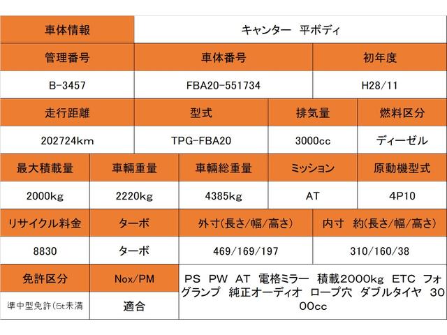 キャンター 　ＰＳ　ＰＷ　ＡＴ　電格ミラー　積載２０００ｋｇ　ＥＴＣ　フォグランプ　純正オーディオ　ロープ穴　ダブルタイヤ　３０００ｃｃ　ダブルタイヤ（2枚目）