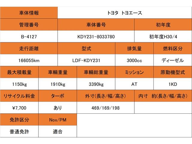 トヨエース Ｗキャブロングジャストロー　幌　ＥＴＣ　積載１１５０ｋｇ　ＡＴ　Ｄレコ　　バックカメラ　社外ＴＶナビ　全室ＰＷ　フォグランプ　新免許対応　総重量３３９０ｋｇ（2枚目）