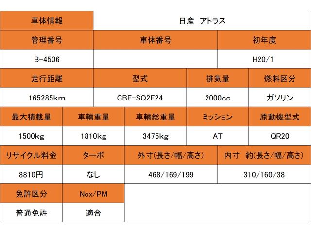 アトラストラック 　積載１５００ｋｇ　ＡＴ　新免許対応　車両総重量３４７５ｋｇ　荷台鉄板　ＥＴＣ　荷台長さ３１０ｃｍ　幅１６０ｃｍ　高さ３８ｃｍ（2枚目）