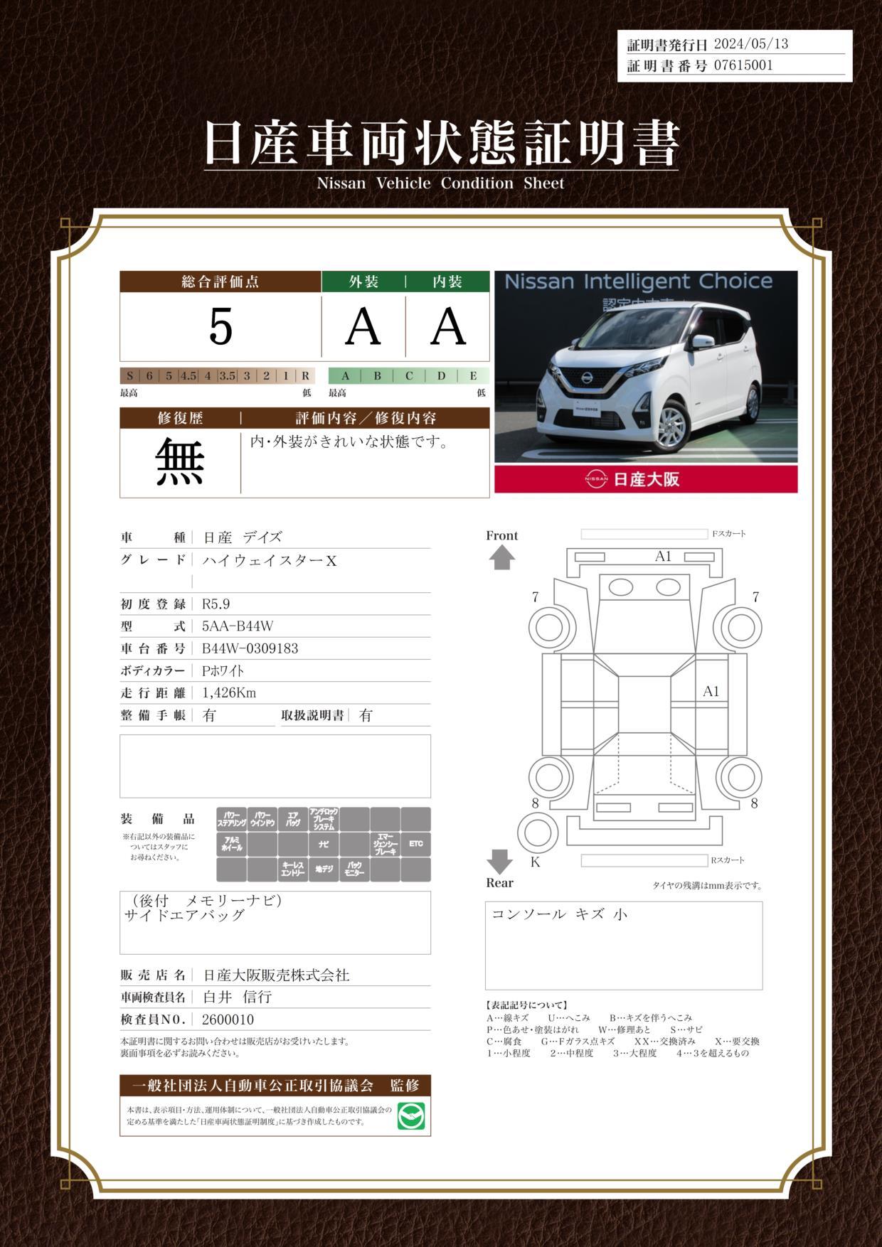 車両状態評価書