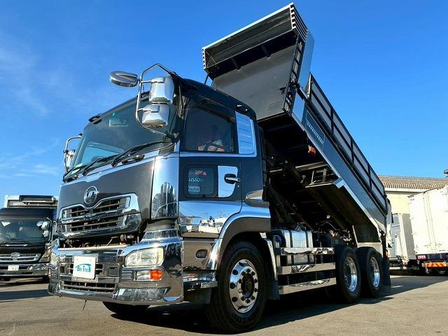 クオン ナンバー付き H25年式 UDトラックス ダンプ 6×4 3軸2デフ リーフサスペンション 新明和工業 510 220 額縁アオリ 410馬力 Hi/Lo MT マニュアル 鳥居 ハチマキ スリット(3枚目)