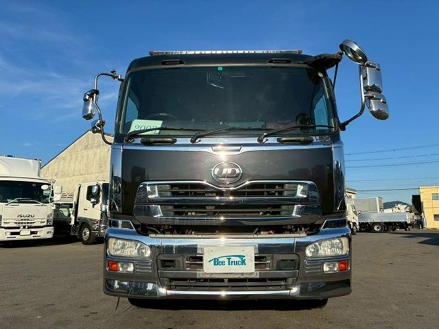 クオン ナンバー付き H25年式 UDトラックス ダンプ 6×4 3軸2デフ リーフサスペンション 新明和工業 510 220 額縁アオリ 410馬力 Hi/Lo MT マニュアル 鳥居 ハチマキ スリット(10枚目)