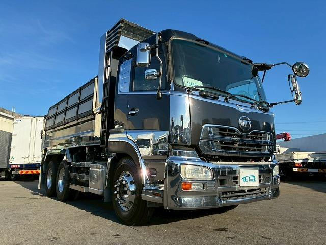 クオン ナンバー付き H25年式 UDトラックス ダンプ 6×4 3軸2デフ リーフサスペンション 新明和工業 510 220 額縁アオリ 410馬力 Hi/Lo MT マニュアル 鳥居 ハチマキ スリット(11枚目)