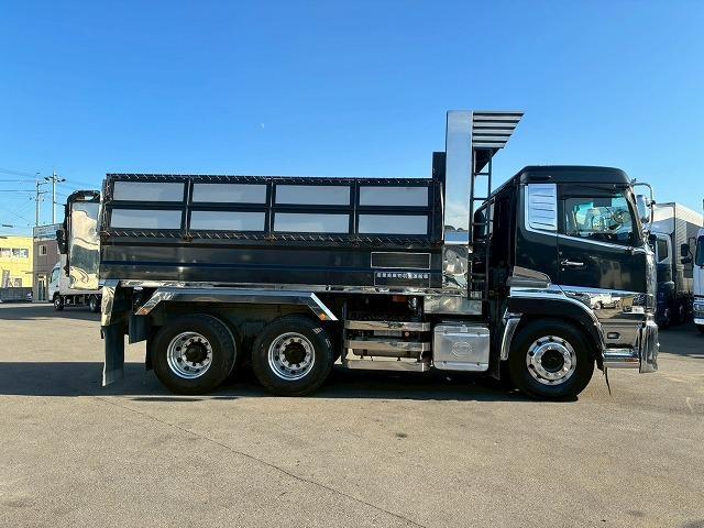 クオン ナンバー付き H25年式 UDトラックス ダンプ 6×4 3軸2デフ リーフサスペンション 新明和工業 510 220 額縁アオリ 410馬力 Hi/Lo MT マニュアル 鳥居 ハチマキ スリット(13枚目)