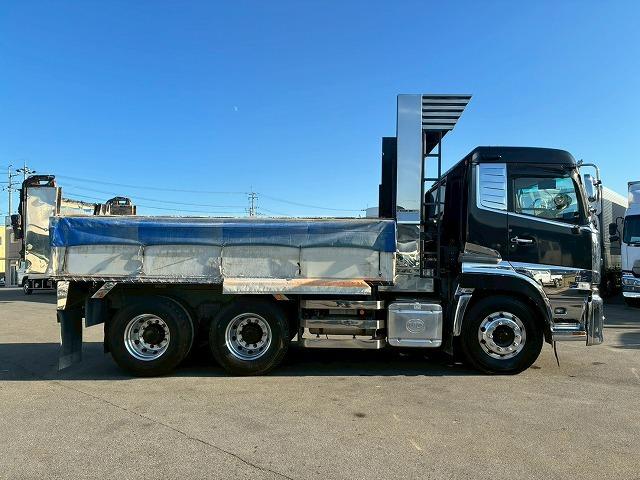 クオン ナンバー付き H25年式 UDトラックス ダンプ 6×4 3軸2デフ リーフサスペンション 新明和工業 510 220 額縁アオリ 410馬力 Hi/Lo MT マニュアル 鳥居 ハチマキ スリット(15枚目)