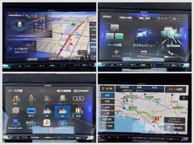 ナビゲーション地図画面、メニュー画面、オーディオメニュー画面、目的地検索画面です。