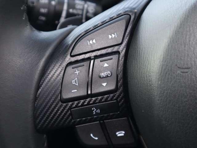 ステアリング左側にはオーディオコントロールスイッチを搭載。走行中でも簡単に音量の上げ下げ、曲の送り戻し、モードの切り替えが可能です。クイックに切り替えてお好みの音楽で楽しいドライブを！