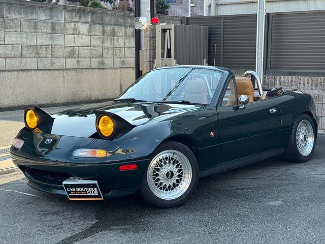 ユーノスロードスター Vスペシャル タンレザーシート 専用スカッフプレート 専用フロアマット プッシュスタート オートエグゼマフラー BBSアルミ NPG車高調 KENWOODツイーター CD/MDレシーバー ETC 記録簿13枚(2枚目)