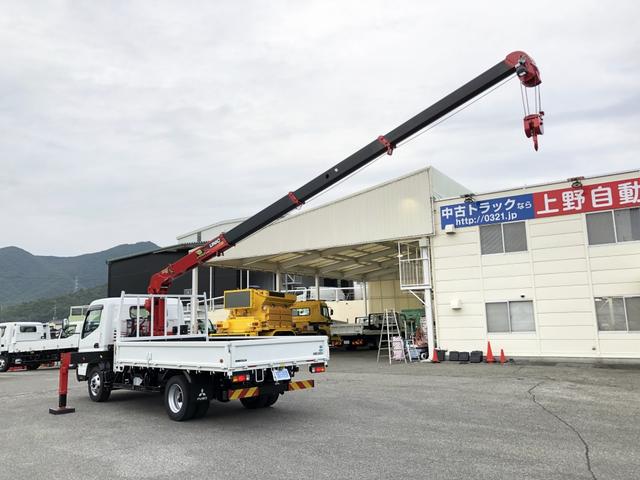 キャンター 　カスタム仕様　４段クレーン付　３．８トン積載　古河ユニック製　警報仕様　超ワイド角足アウトリガ　ワイド　ロング　全低床　木製あおり３方開　１７５馬力（2枚目）