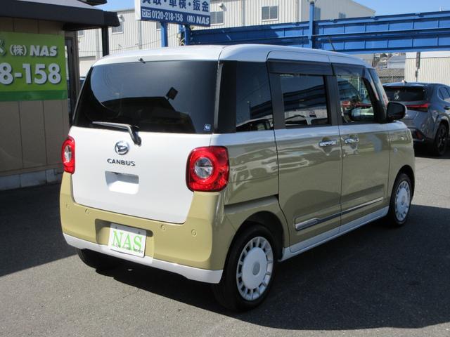 ムーヴキャンバス ストライプスＧターボ　純正ナビ　フルセグＴＶ　パノラマモニター　前後ドラレコ　ＥＴＣ　両側パワースライド　シートヒーター　ＬＥＤヘッド＆フォグ　スマアシ　アダプティブクルーズコントロール　コーナーセンサー　１オーナー禁煙車（4枚目）