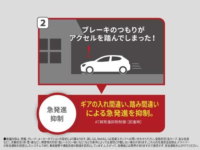 ギアの入れ間違い、踏み間違いによる急発進を抑制。ＡＴ誤発進抑制制御（装備内容は、車種、グレード、メーカオプションの設定により異なります。詳しくはスタッフまでお尋ねください。）